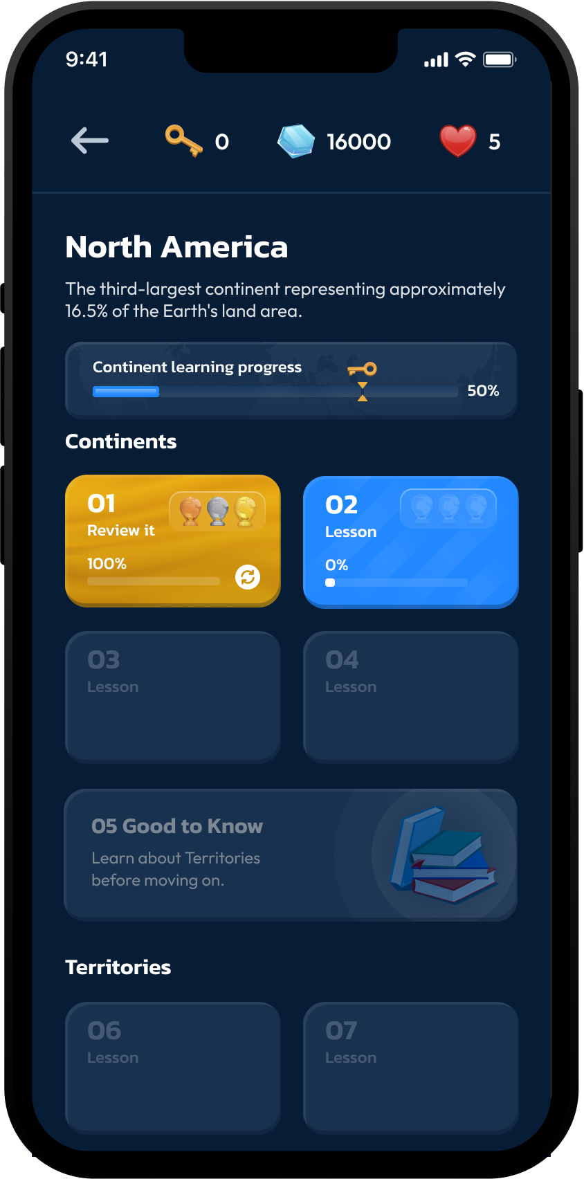 Geo Genius continent lessons screen