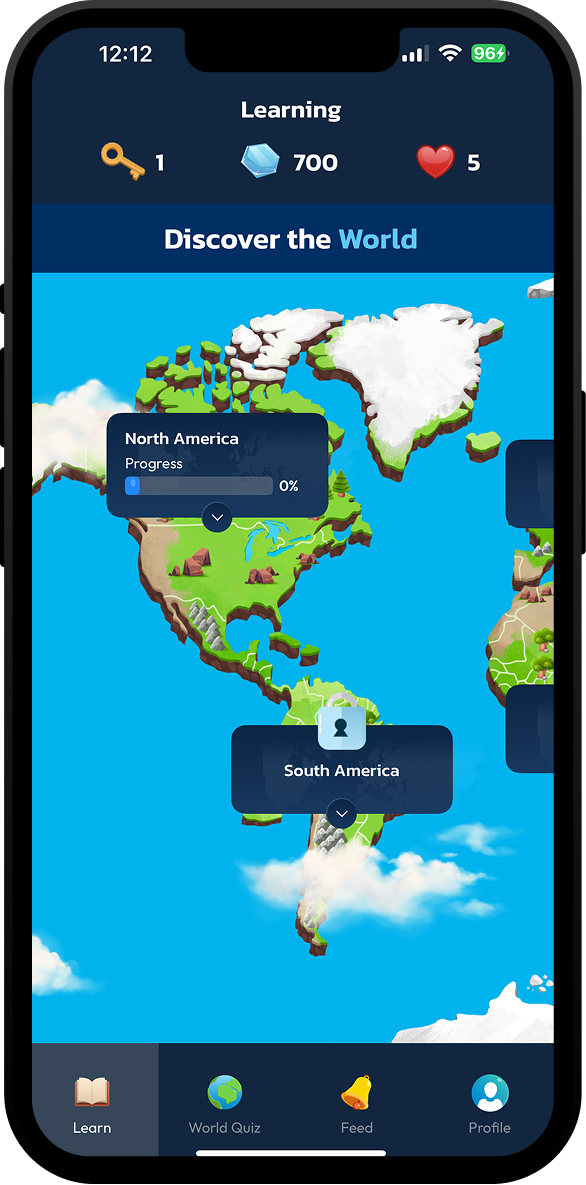 Geo Genius world map progress screen