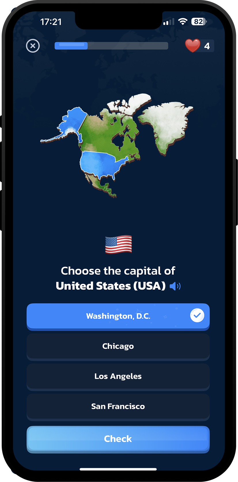 Geo Genius geography quiz screen